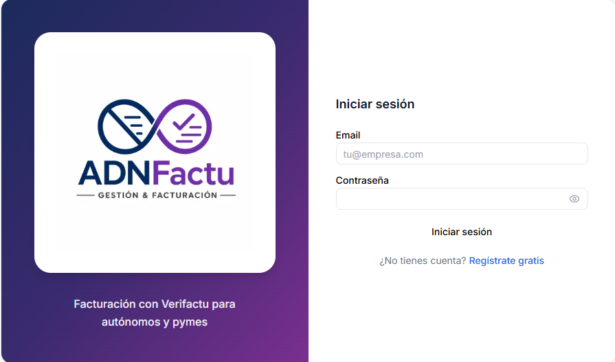 Pantalla de acceso de ADNFactu con rexistro gratuíto